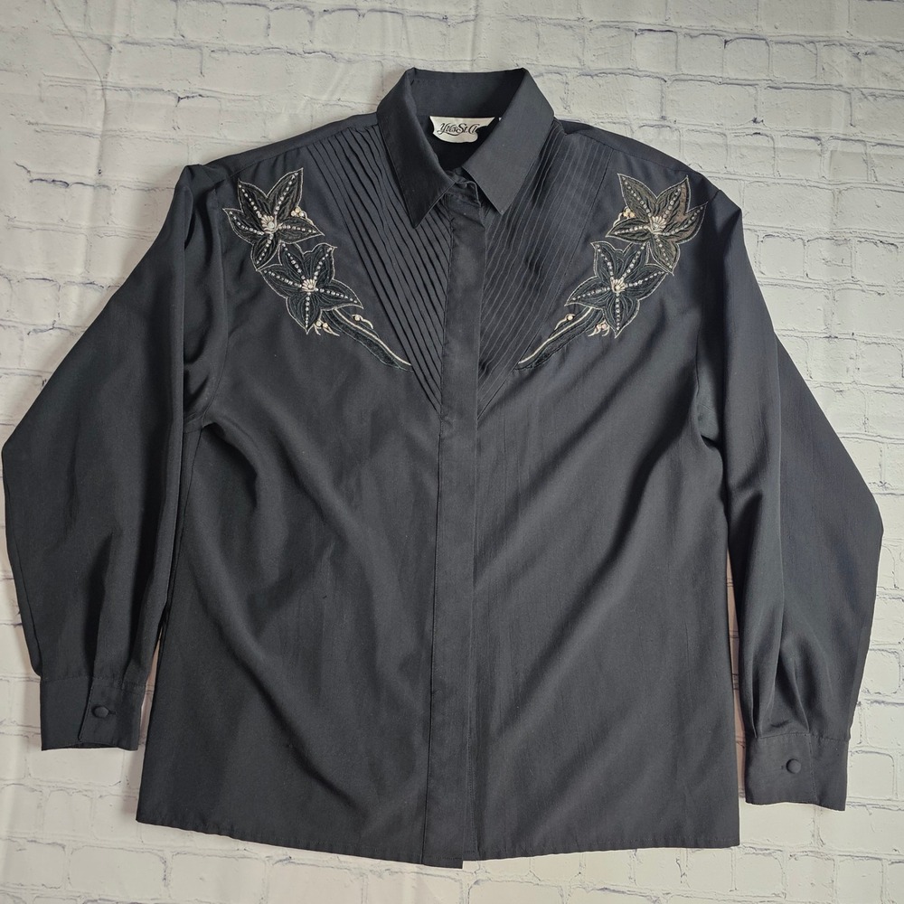 Yves St Clair Black Embroidered Beaded‎ Blouse Long Sleeve Vintage Size 12